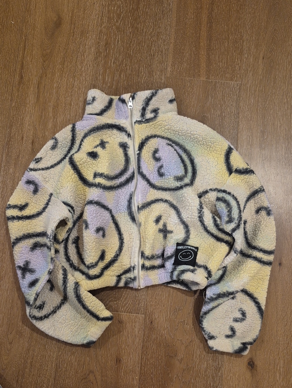 Kids Plush Zip-Up Jacket with Smiley Print - Cream/Pastel